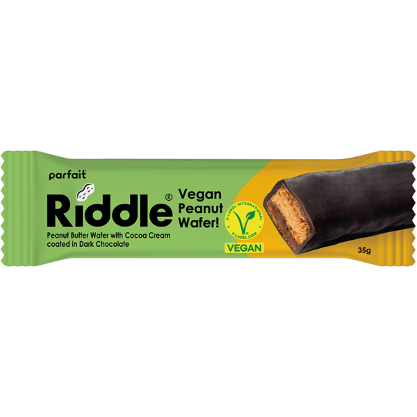 Μπάρα με φυστικοβούτυρο, κρέμα κακάο και επικάλυψη μαύρης σοκολάτας vegan 35g Riddle